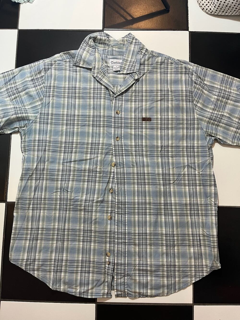 Men's Blue and white plaid Carhartt button-down work shirt size L